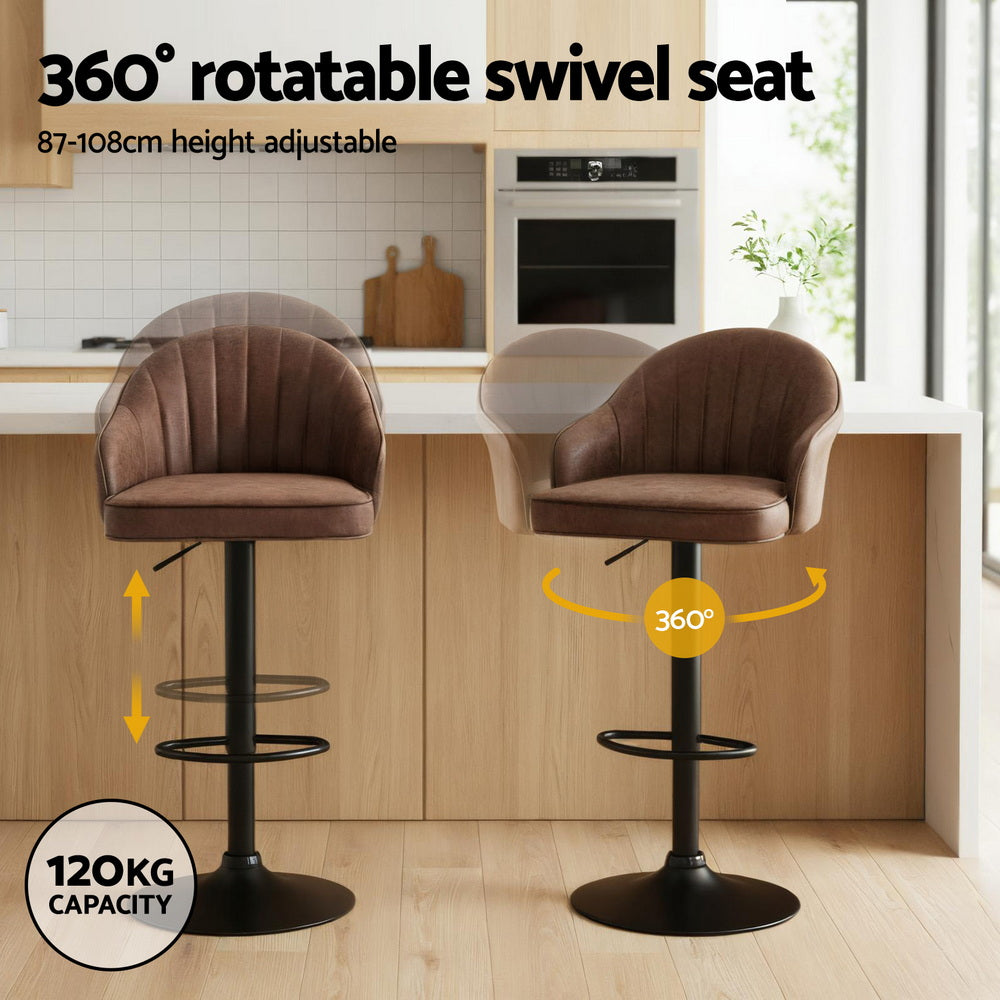 Set of 2 Balvi Bar Stools Kitchen Swivel Gas Lift Counter Chair Shell Leather - Brown