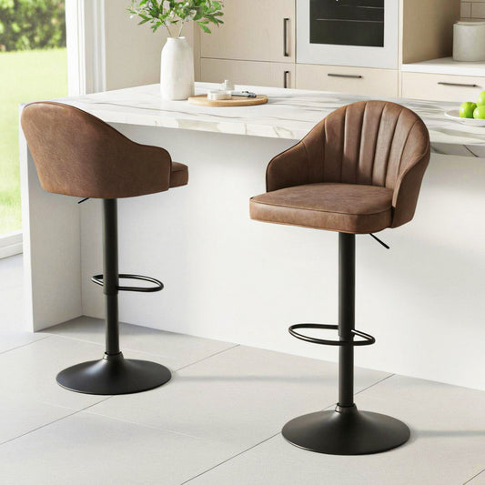 Set of 2 Balvi Bar Stools Kitchen Swivel Gas Lift Counter Chair Shell Leather - Brown