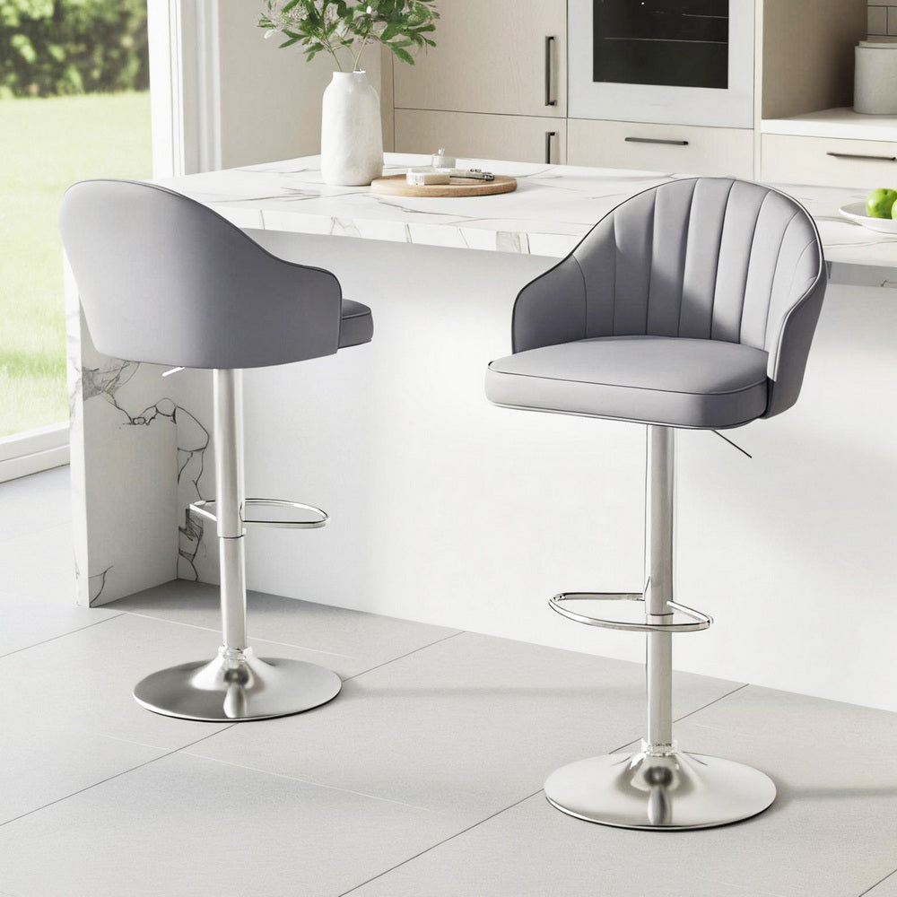 Set of 2 Balvi Bar Stools Kitchen Swivel Gas Lift Counter Chair Shell Leather - Grey