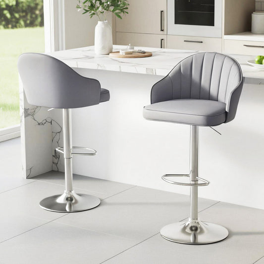 Set of 2 Balvi Bar Stools Kitchen Swivel Gas Lift Counter Chair Shell Leather - Grey