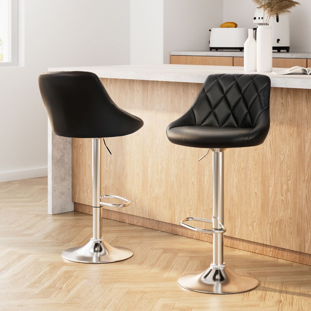 Set of 2 Corfu Bar Stools PU Leather Diamond Style - Black