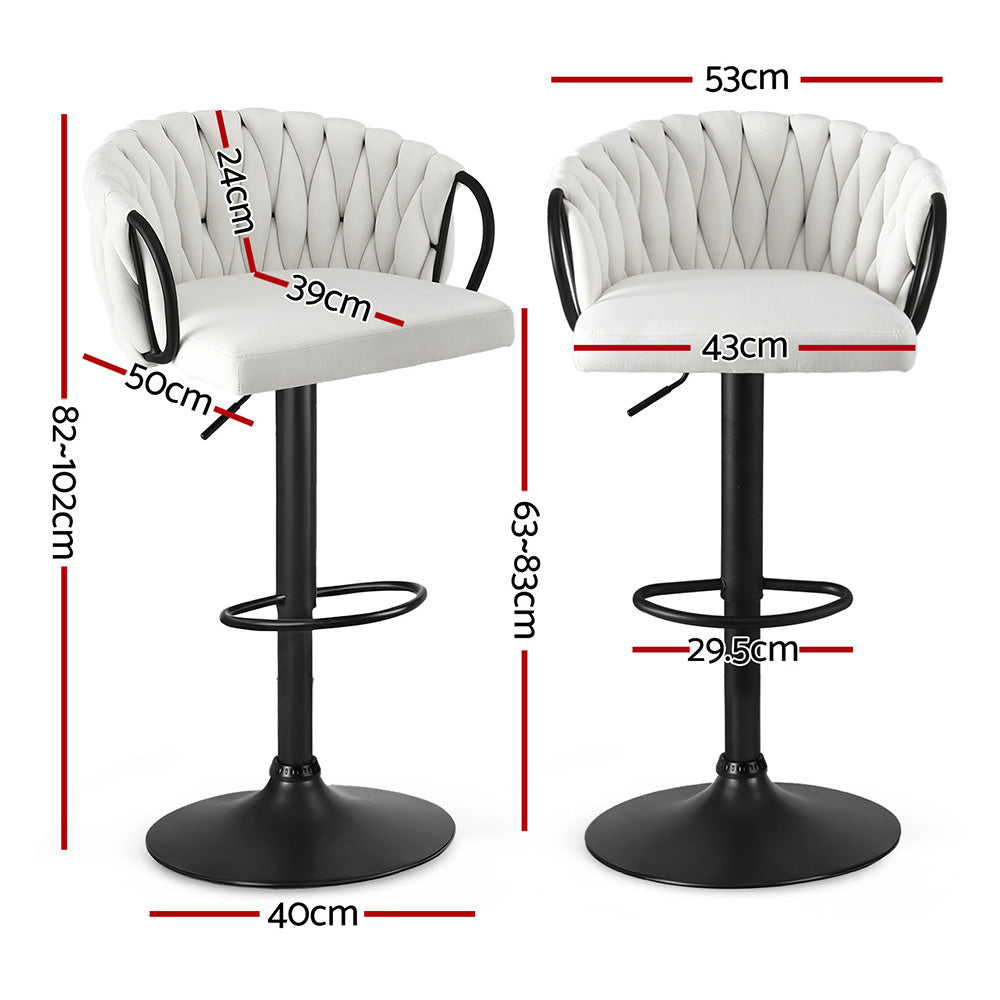 Set of 2 Caraz Bar Stool Kitchen Dining Chair Counter Gaslift Woven Velvet - Ivory