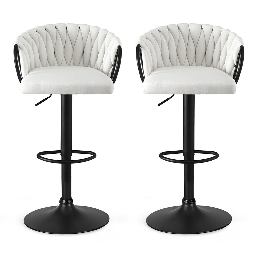 Set of 2 Caraz Bar Stool Kitchen Dining Chair Counter Gaslift Woven Velvet - Ivory