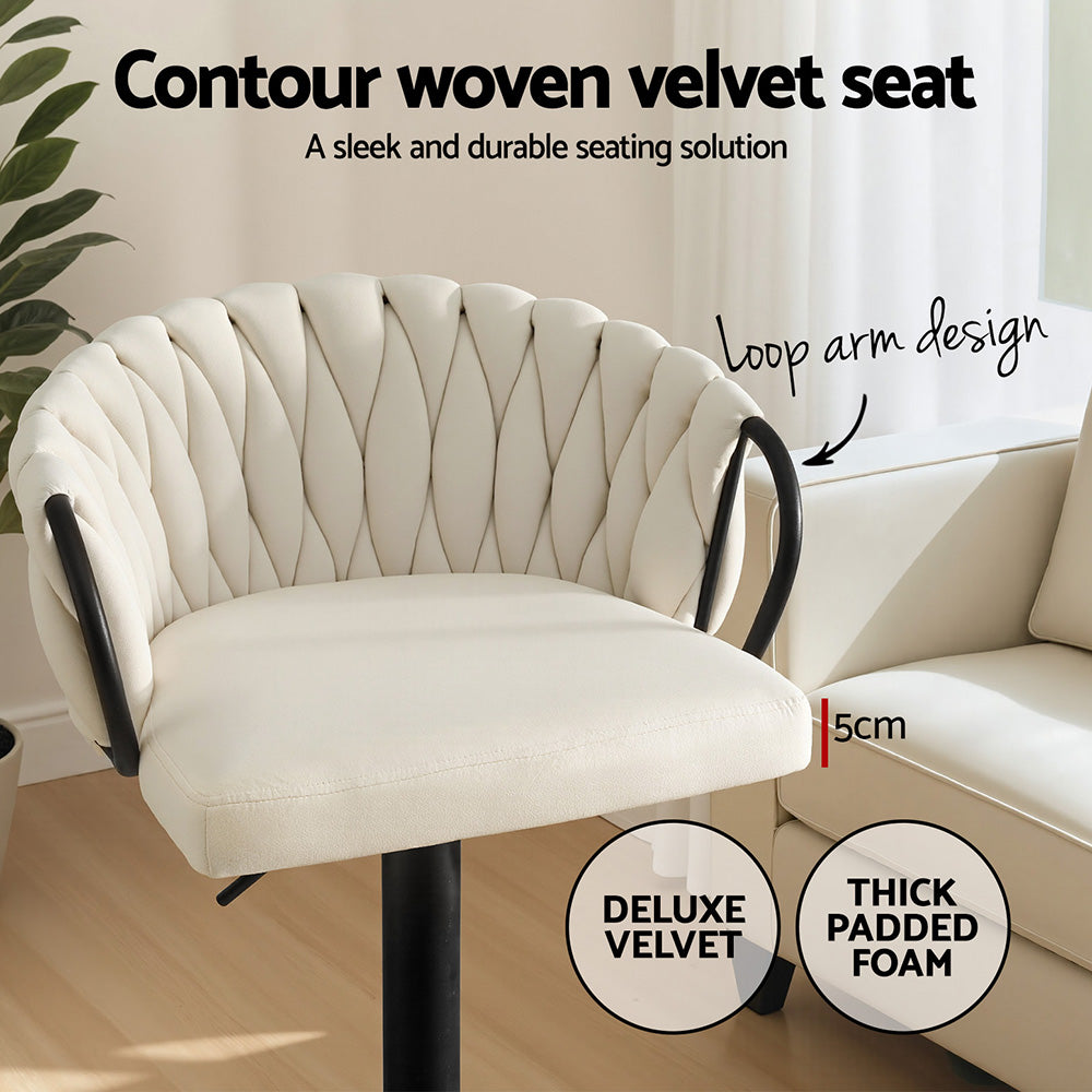 Set of 2 Caraz Bar Stool Kitchen Dining Chair Counter Gaslift Woven Velvet - Ivory