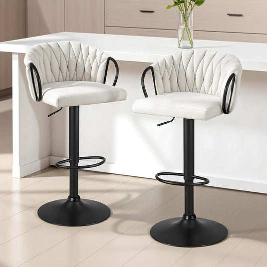 Set of 2 Caraz Bar Stool Kitchen Dining Chair Counter Gaslift Woven Velvet - Ivory
