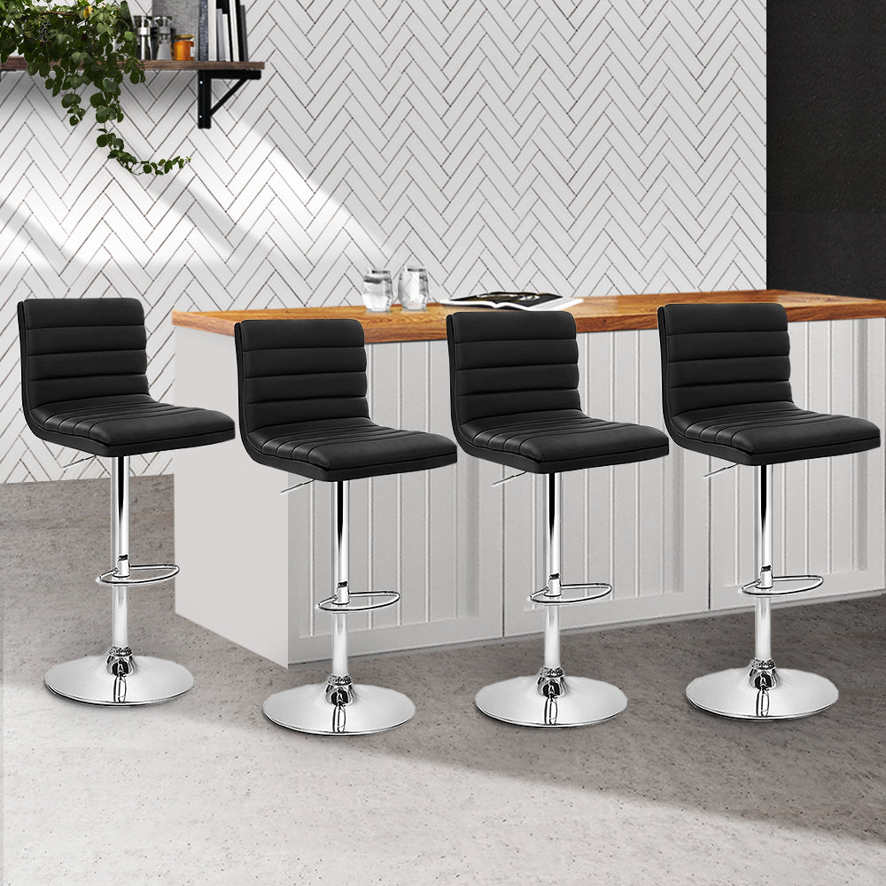 Set of 4 Bergamo PU Leather Lined Pattern Bar Stools - Black & Chrome