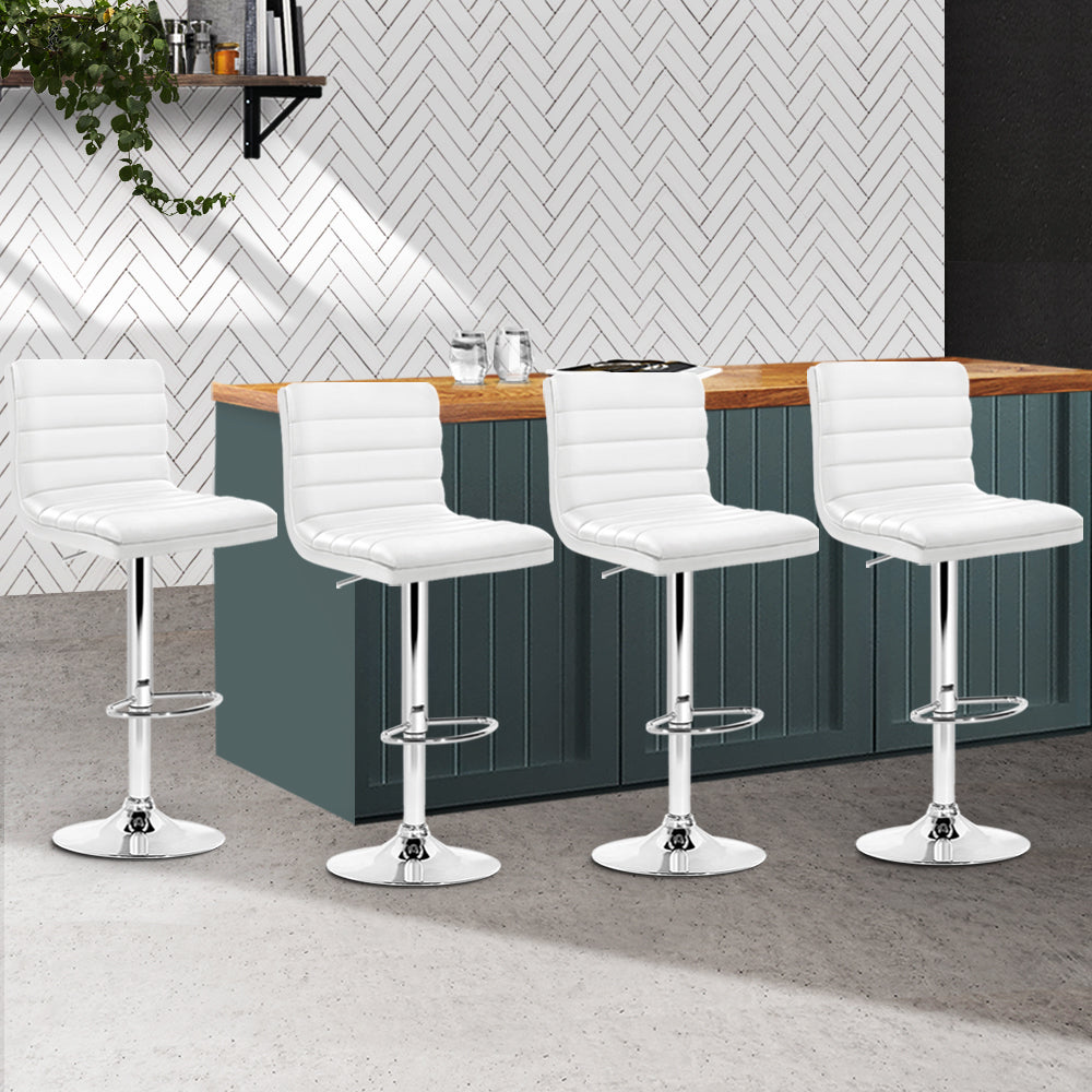 Set of 4 Bergamo PU Leather Lined Pattern Bar Stools - White & Chrome