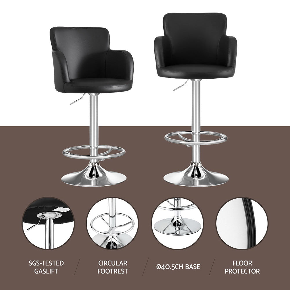 Set of 2 Dolisie Leather Bar Stools Swivel Adjustable Gas Lift PU Counter Chairs - Black