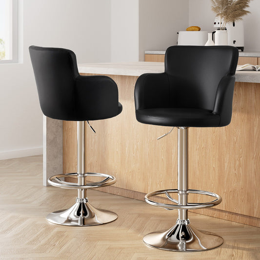 Set of 2 Dolisie Leather Bar Stools Swivel Adjustable Gas Lift PU Counter Chairs - Black