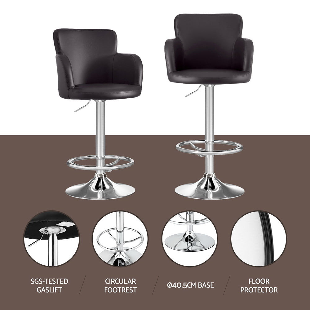 Set of 2 Dolisie Leather Bar Stools Swivel Adjustable Gas Lift PU Counter Chairs - Brown