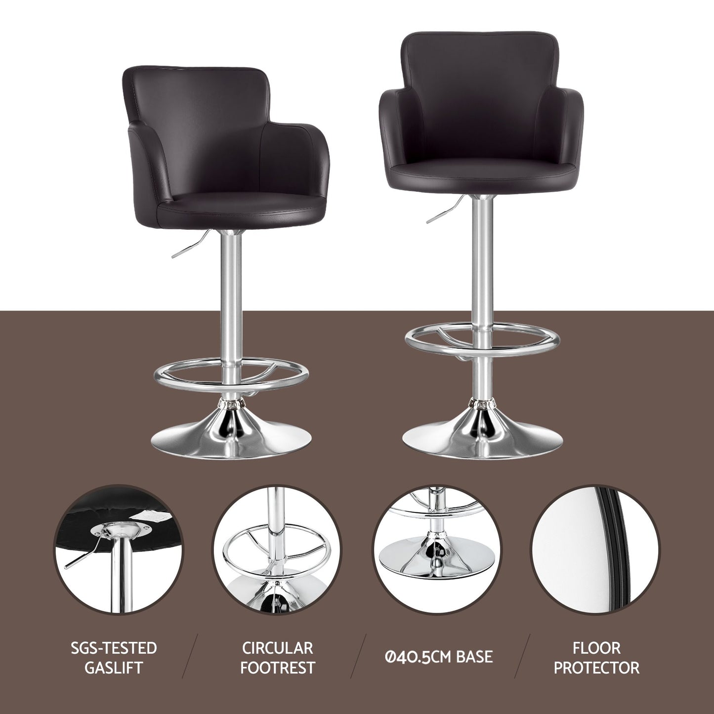 Set of 4 Dolisie Bar Stools Swivel Kitchen Chairs Gas Lift Adjustable PU Leather - Brown
