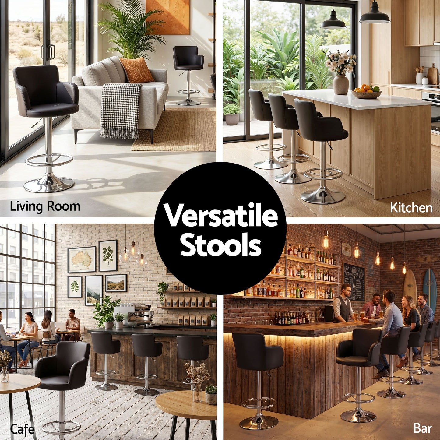 Set of 4 Dolisie Bar Stools Swivel Kitchen Chairs Gas Lift Adjustable PU Leather - Brown