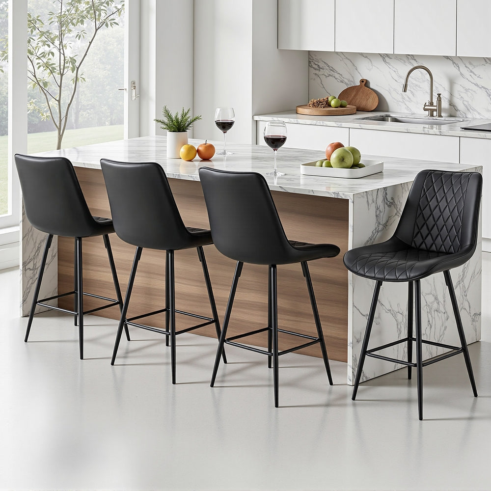 Set of 4 Goris Bar Stools Kitchen Dining Chair Counter Stool Diamond PU Leather - Black
