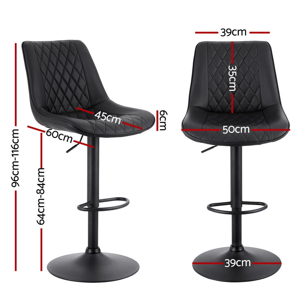 Set of 2 Goris Bar Stools Kitchen Swivel Gas Lift Counter Chair Diamond Leather - Black