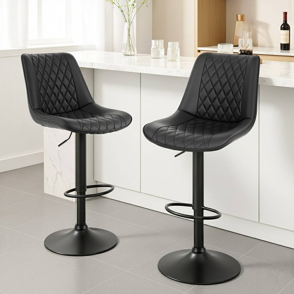 Set of 2 Goris Bar Stools Kitchen Swivel Gas Lift Counter Chair Diamond Leather - Black