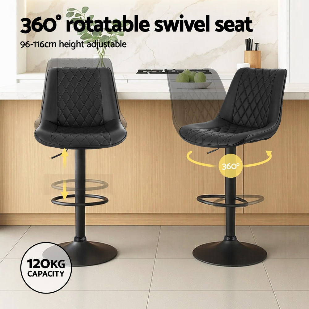 Set of 4 Goris Bar Stools Kitchen Swivel Gas Lift Counter Chair Diamond Leather - Black