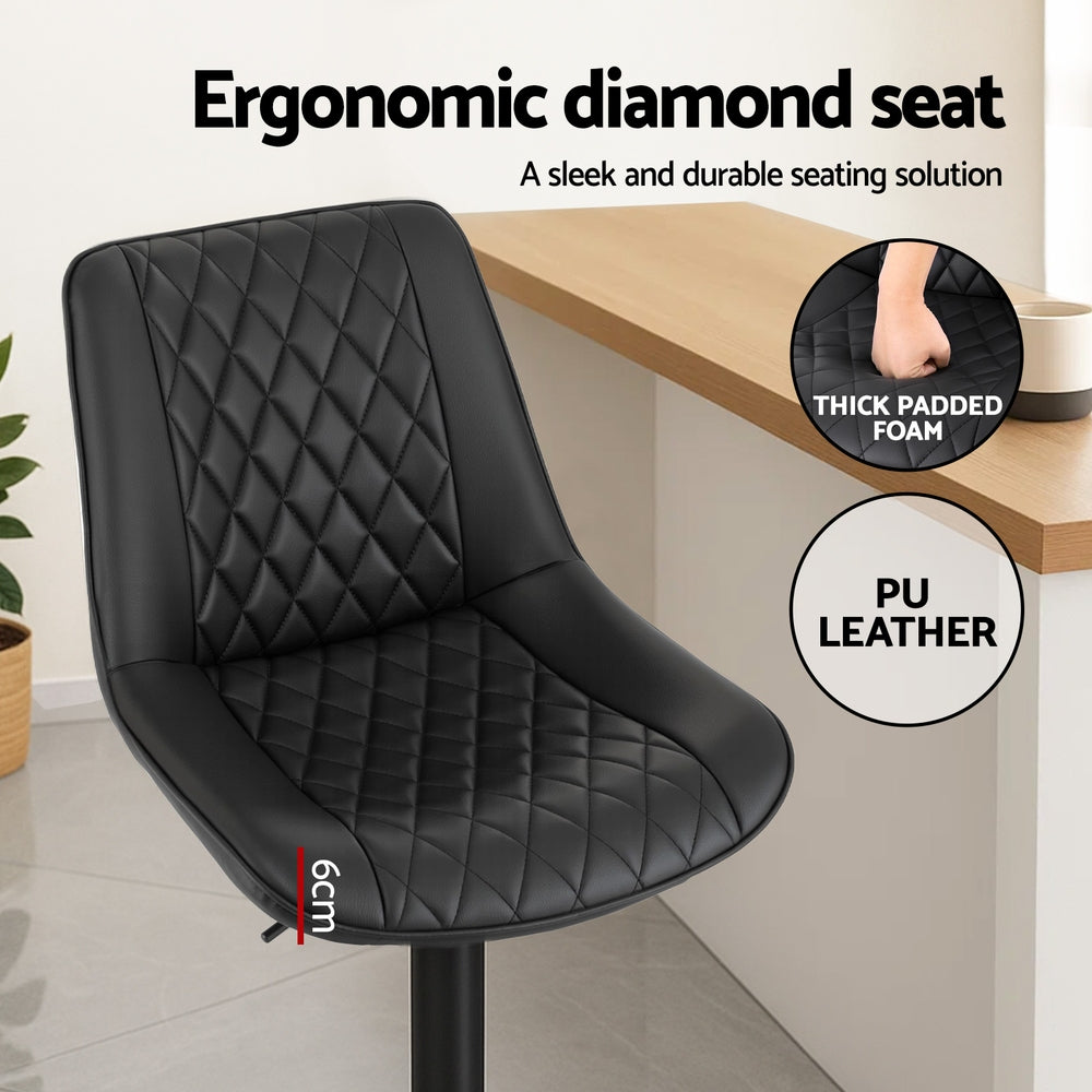 Set of 4 Goris Bar Stools Kitchen Swivel Gas Lift Counter Chair Diamond Leather - Black
