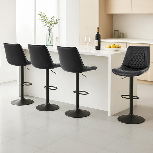 Set of 4 Goris Bar Stools Kitchen Swivel Gas Lift Counter Chair Diamond Leather - Black