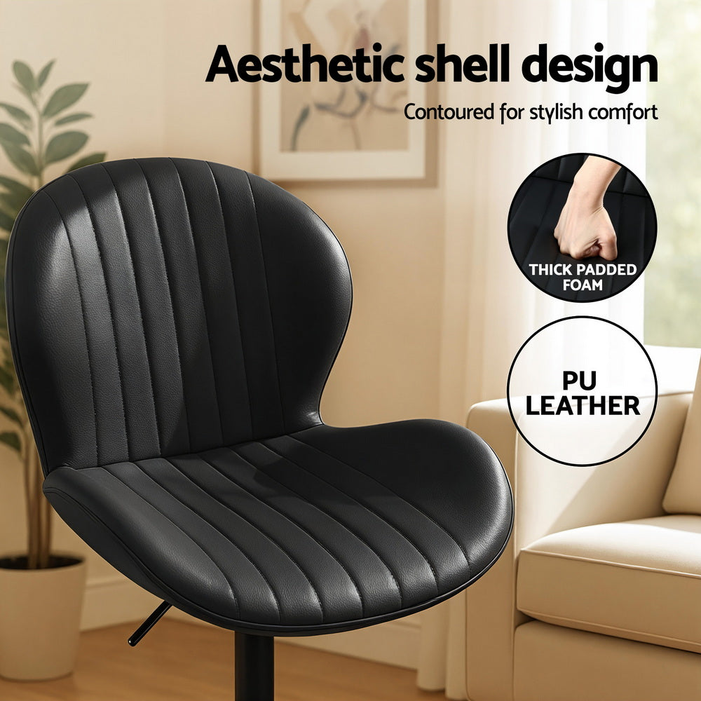 Set of 2 Lerwick Bar Stools Kitchen Swivel Gas Lift Counter Chair Shell Leather - Black