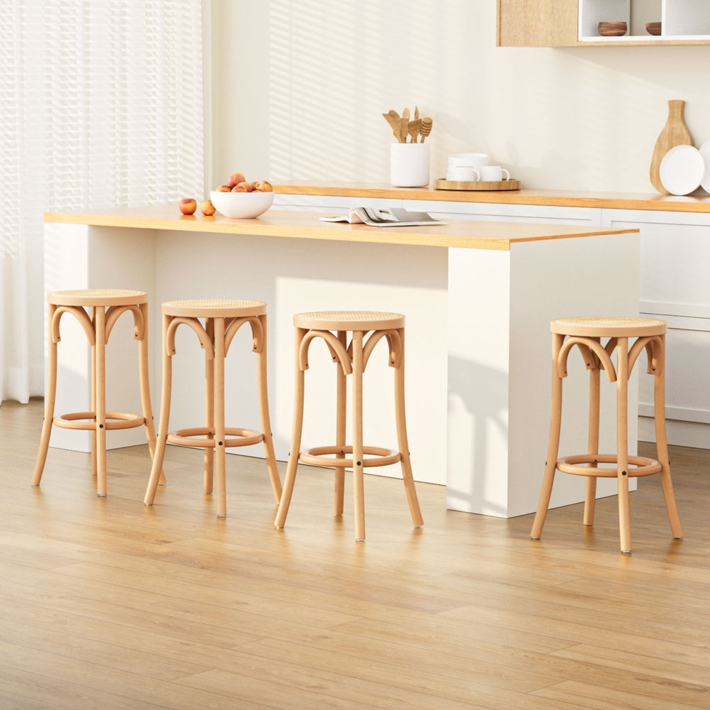 Set of 4 Giza Bar Stools Rattan Seat Wooden - Pine