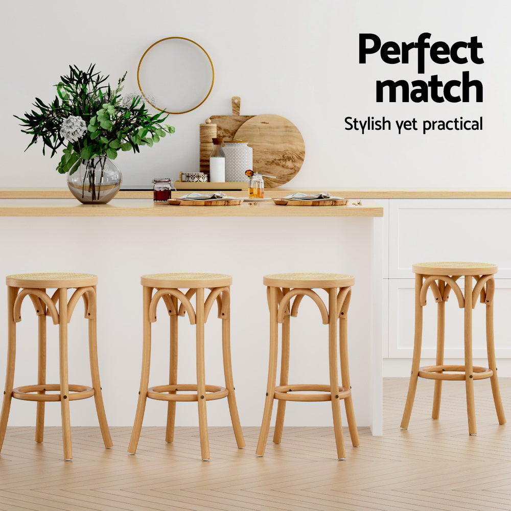 Set of 4 Giza Bar Stools Rattan Seat Wooden - Pine