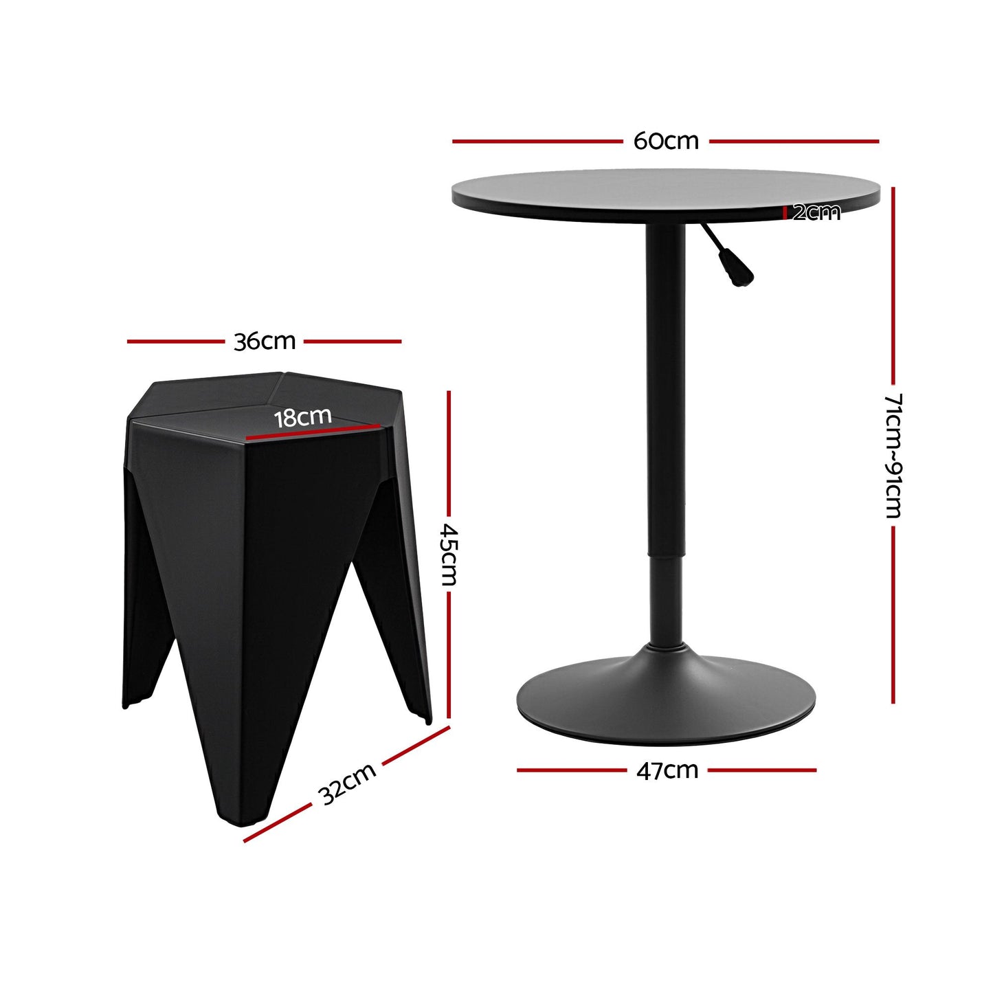 3-Piece Bicea Black Bar Table and Stools Set Kitchen Chairs Cafe Pub