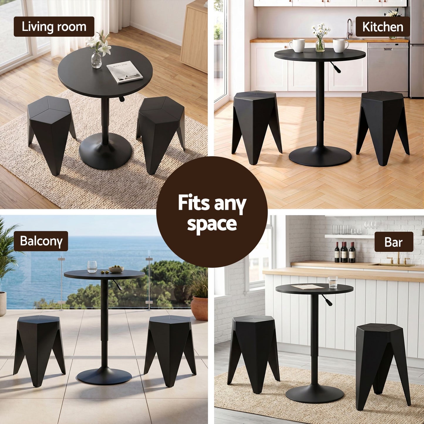 3-Piece Bicea Black Bar Table and Stools Set Kitchen Chairs Cafe Pub