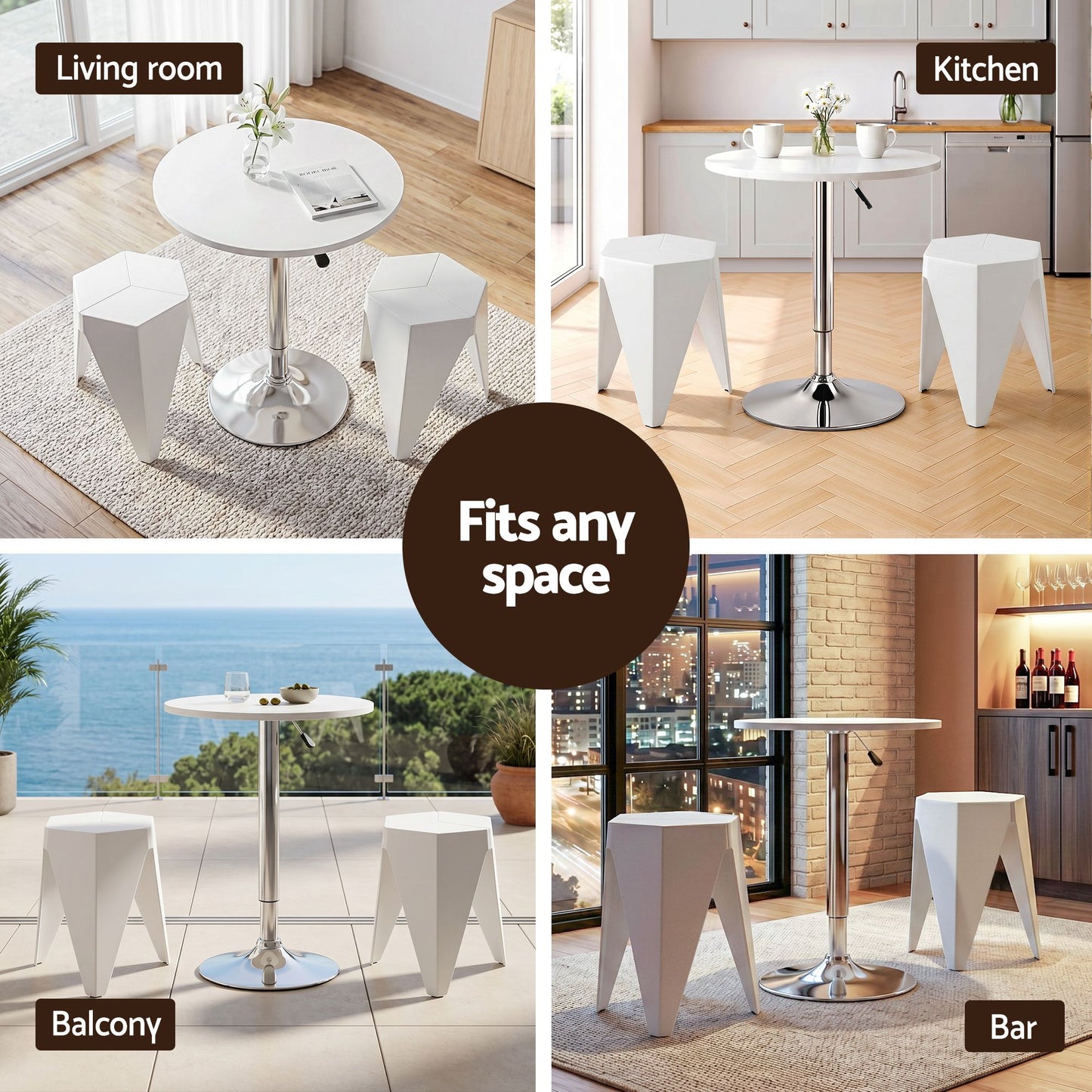 3-Piece Bicea White Bar Table and Stools Set Kitchen Chairs Cafe Pub