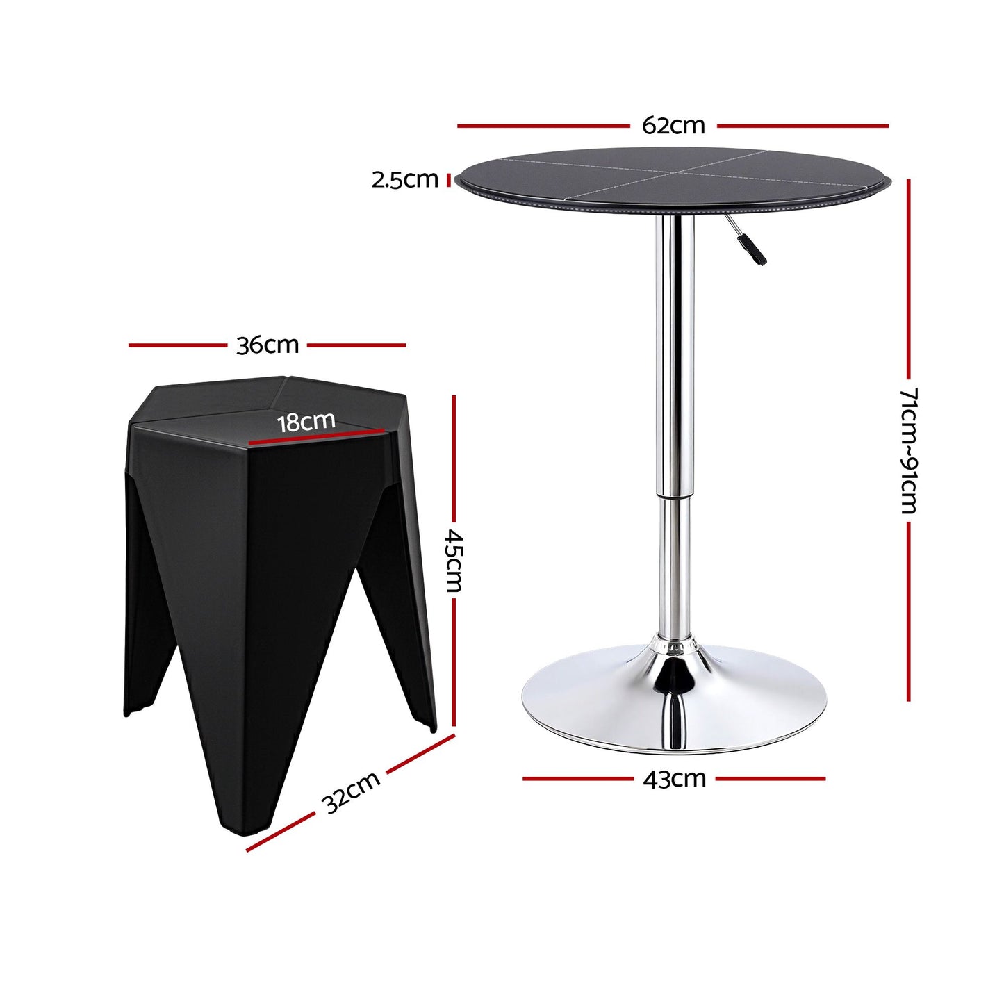 3-Piece Bicea Black Bar Table and Stools Set Kitchen Chair PVC Leather