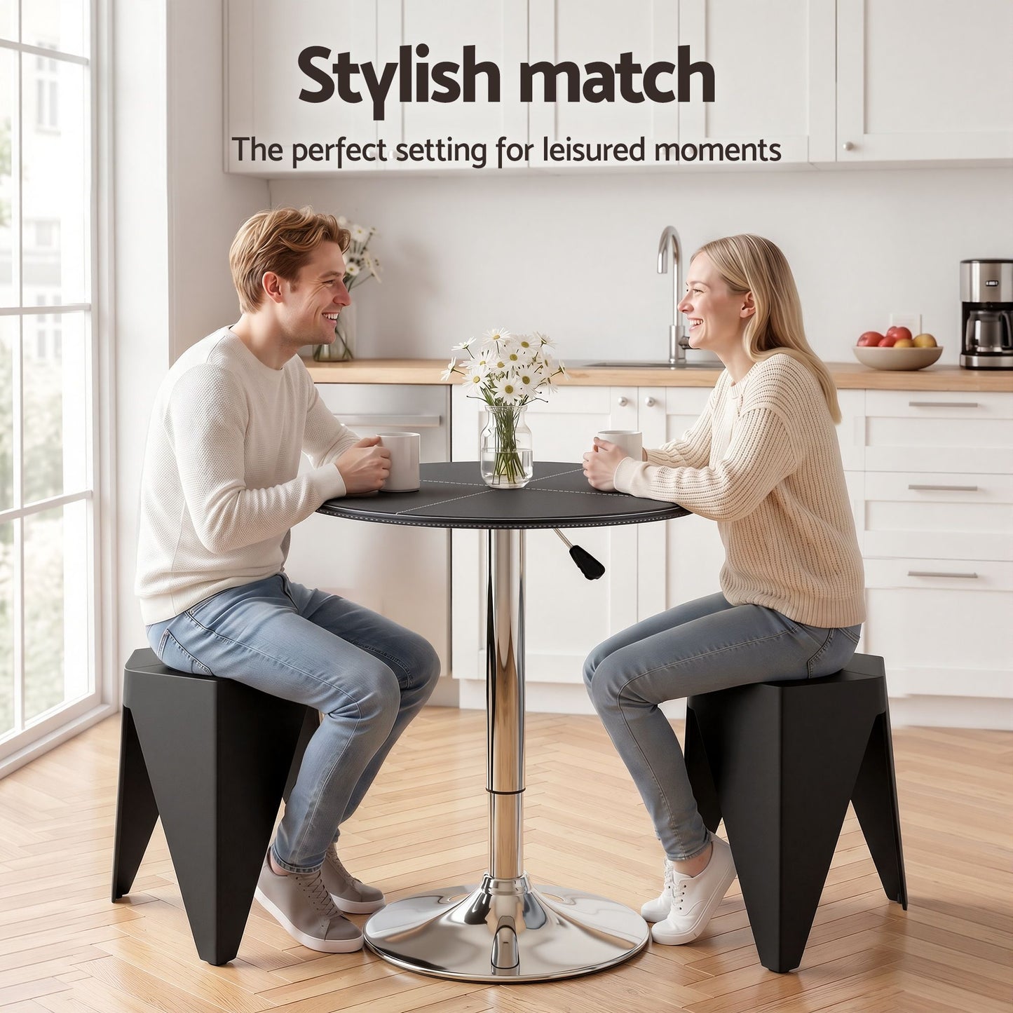 3-Piece Bicea Black Bar Table and Stools Set Kitchen Chair PVC Leather