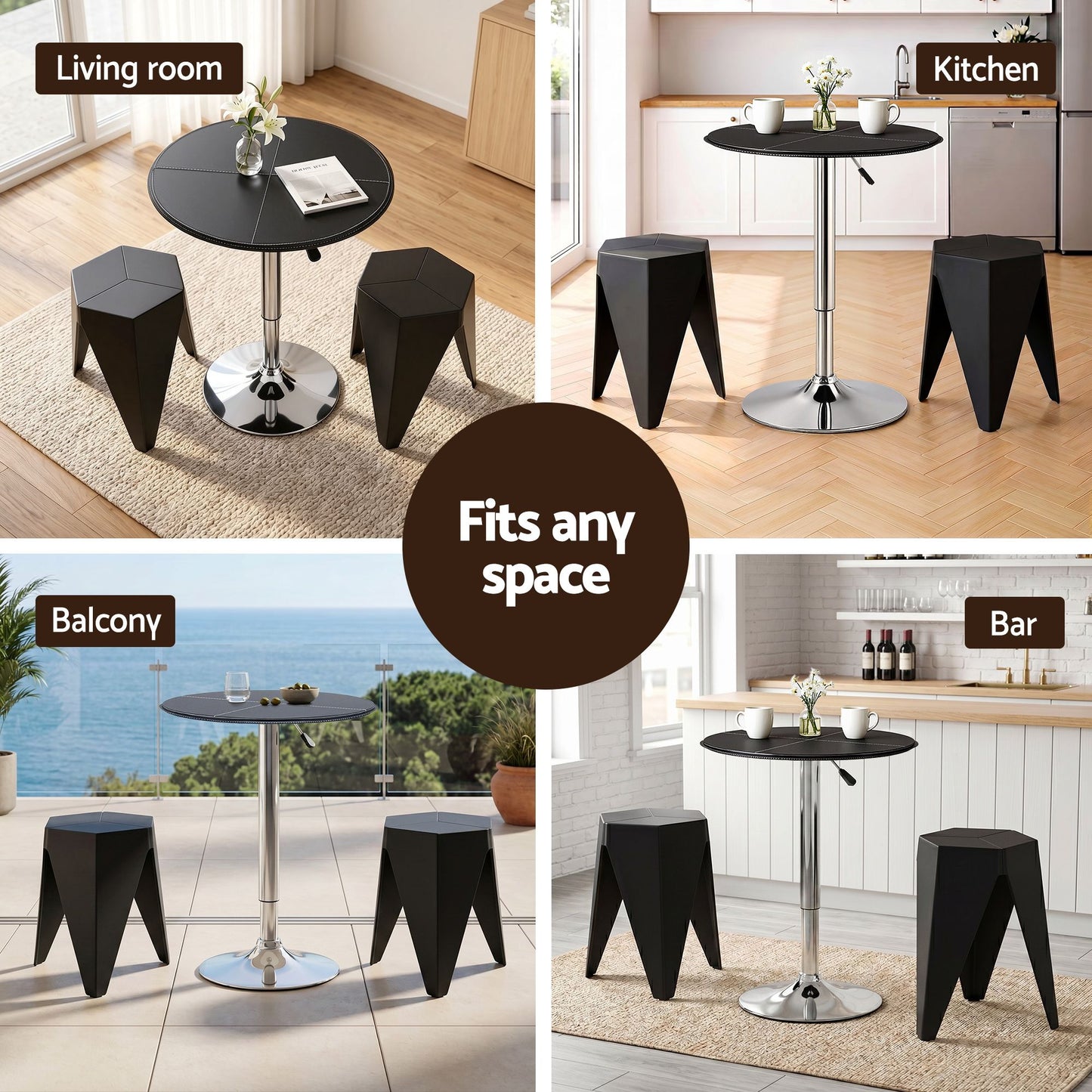 3-Piece Bicea Black Bar Table and Stools Set Kitchen Chair PVC Leather