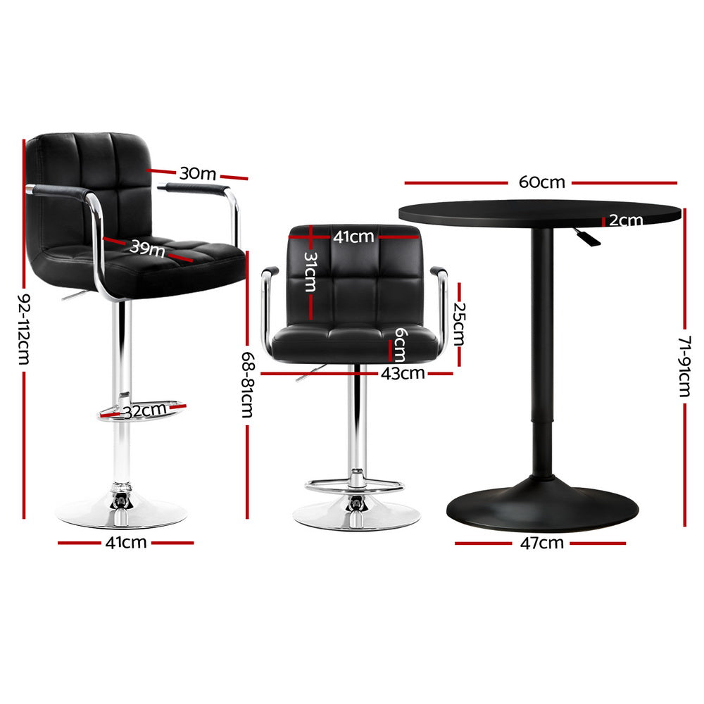 3-Piece Daria Black Bar Table and Stools Set Kitchen Chairs Cafe Pub