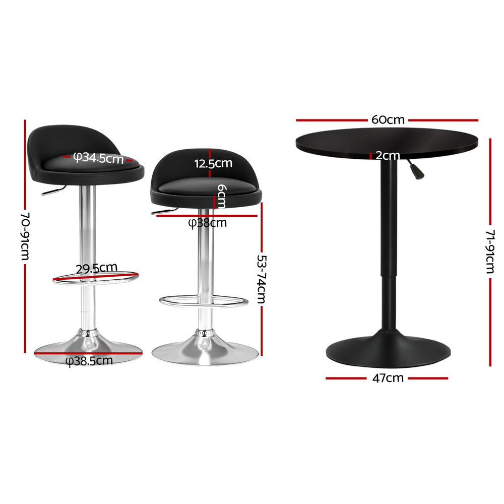 3-Piece Daria Black Bar Table and Stools Set Kitchen Chairs Cafe Pub