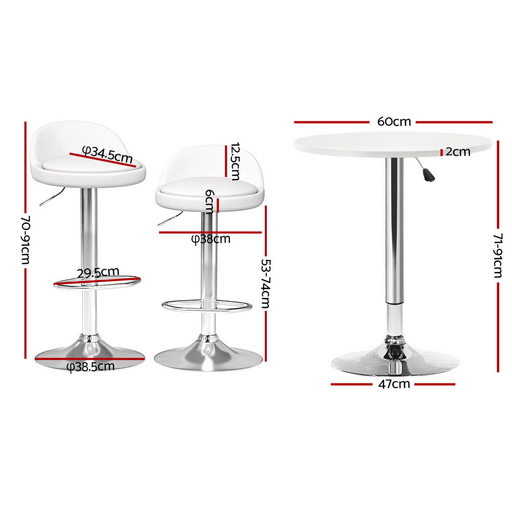 3-Piece Daria White Bar Table and Stools Set Kitchen Chairs Cafe Pub