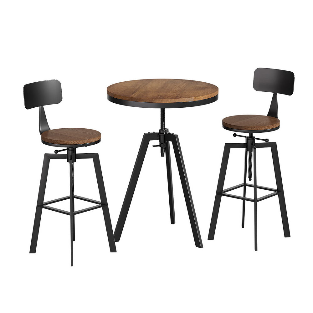3-Piece Lalla Wood Bar Table and Stools Set Industrial Kitchen Chairs Cafe Pub