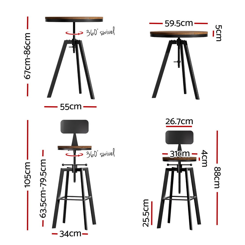 3-Piece Lalla Wood Bar Table and Stools Set Industrial Kitchen Chairs Cafe Pub