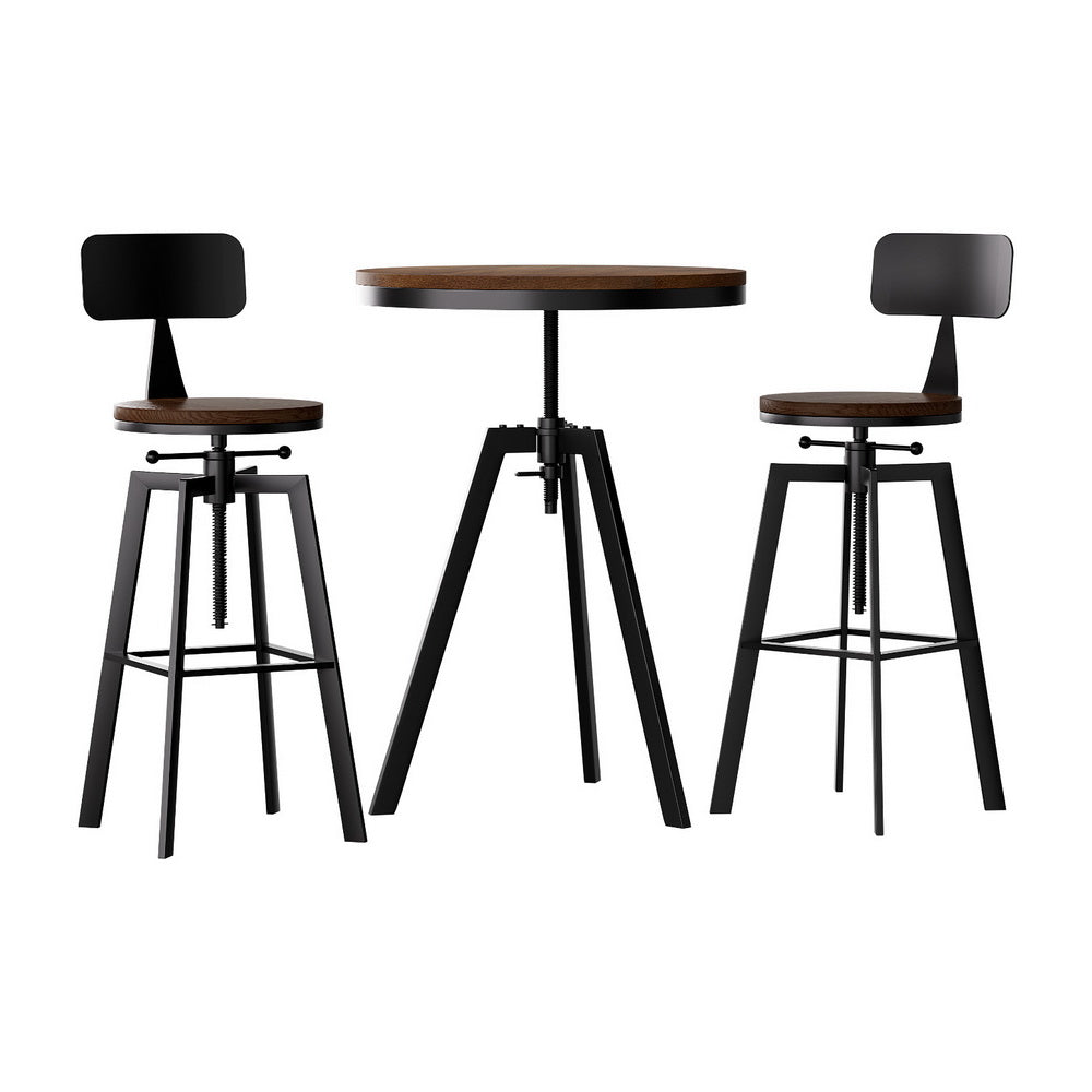 3-Piece Lalla Wood Bar Table and Stools Set Industrial Kitchen Chairs Cafe Pub
