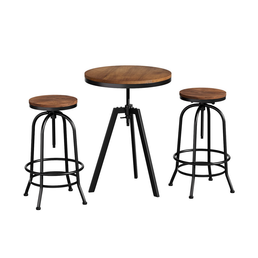 3-Piece Maira Wood Bar Table and Stools Set Industrial Kitchen Chairs Cafe Pub