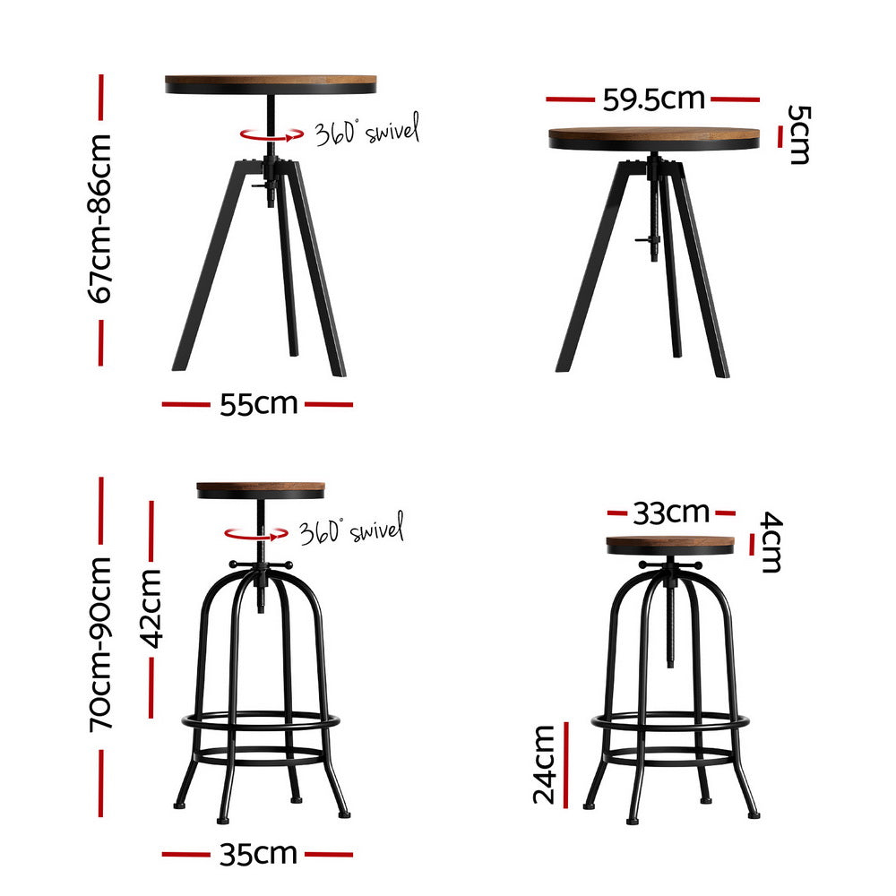 3-Piece Maira Wood Bar Table and Stools Set Industrial Kitchen Chairs Cafe Pub