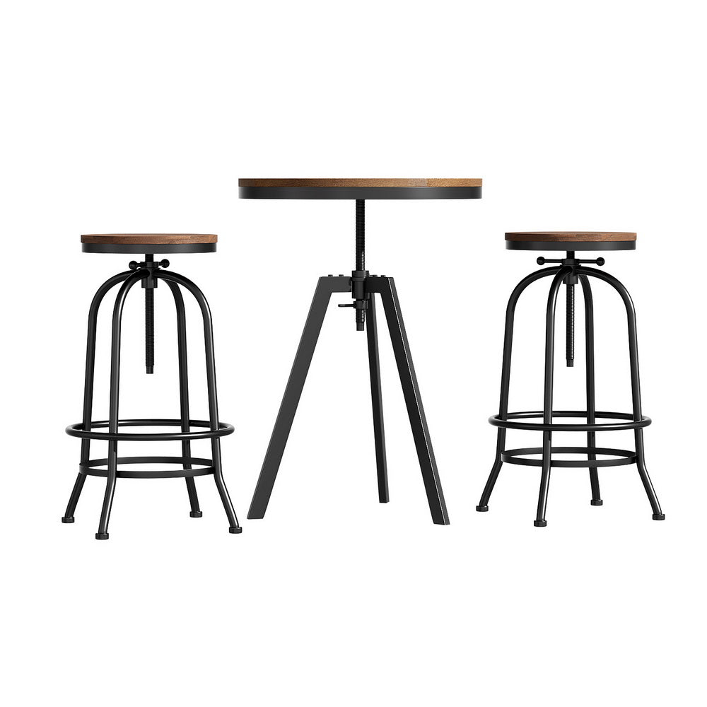 3-Piece Maira Wood Bar Table and Stools Set Industrial Kitchen Chairs Cafe Pub