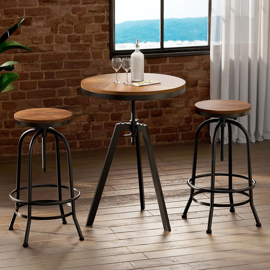 3-Piece Maira Wood Bar Table and Stools Set Industrial Kitchen Chairs Cafe Pub