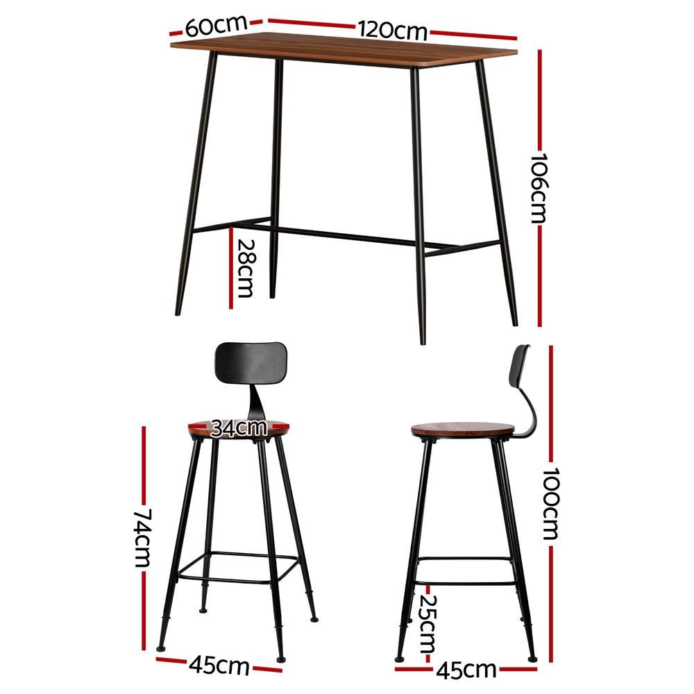 3-Piece Tazio Wood Bar Table and Stools Set Kitchen Chairs Cafe Pub