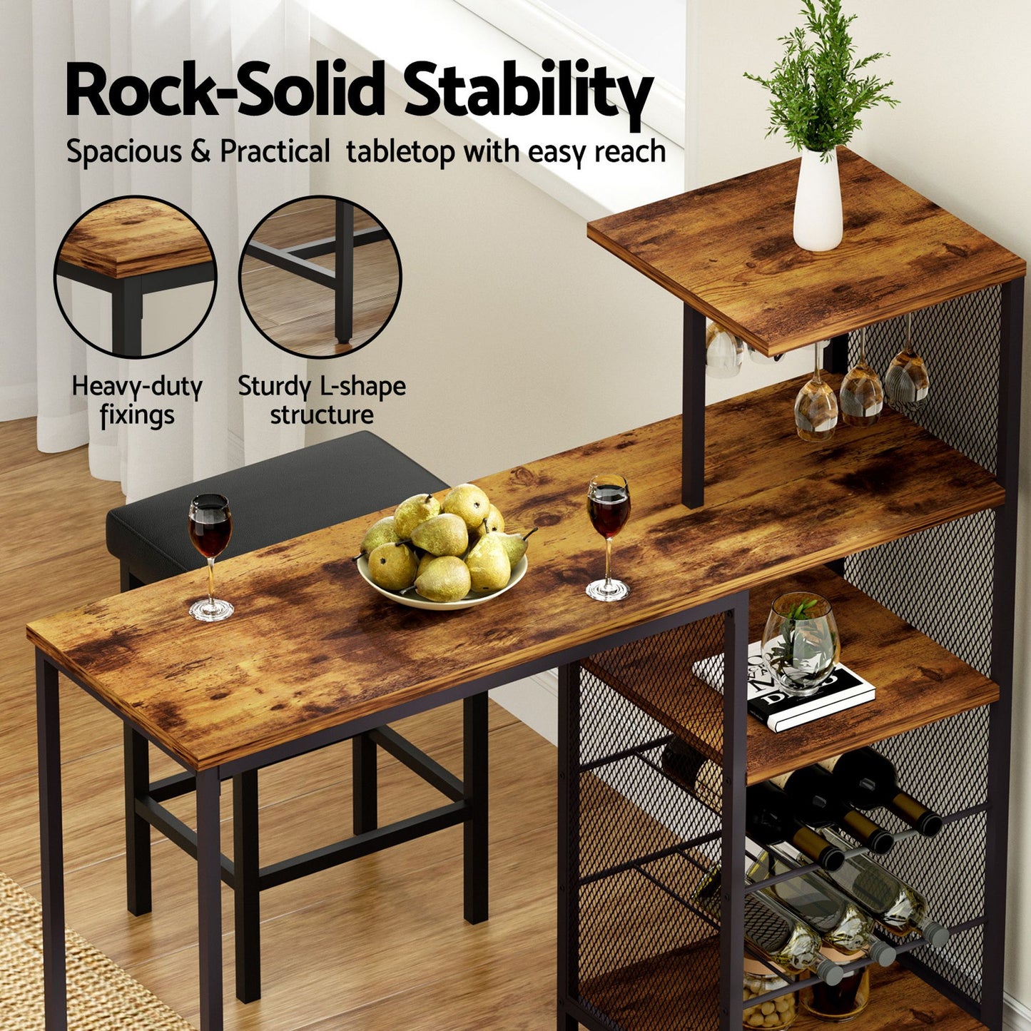 3-Piece Fosca Wood Bar Table and Stools Set Solid Wood Kitchen Chairs Cafe Pub