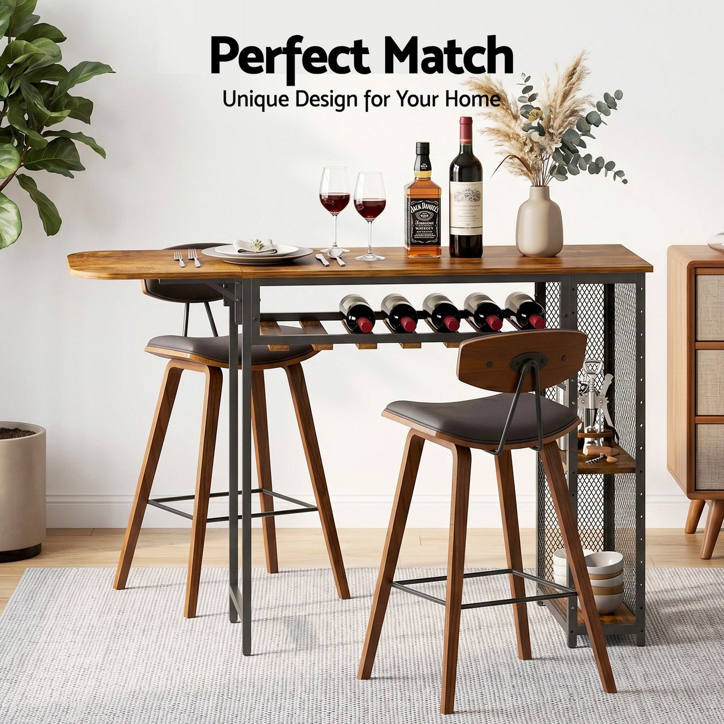 3-Piece Fosca Wood Bar Table and Stools Set Solid Wood Kitchen Chairs Cafe Pub