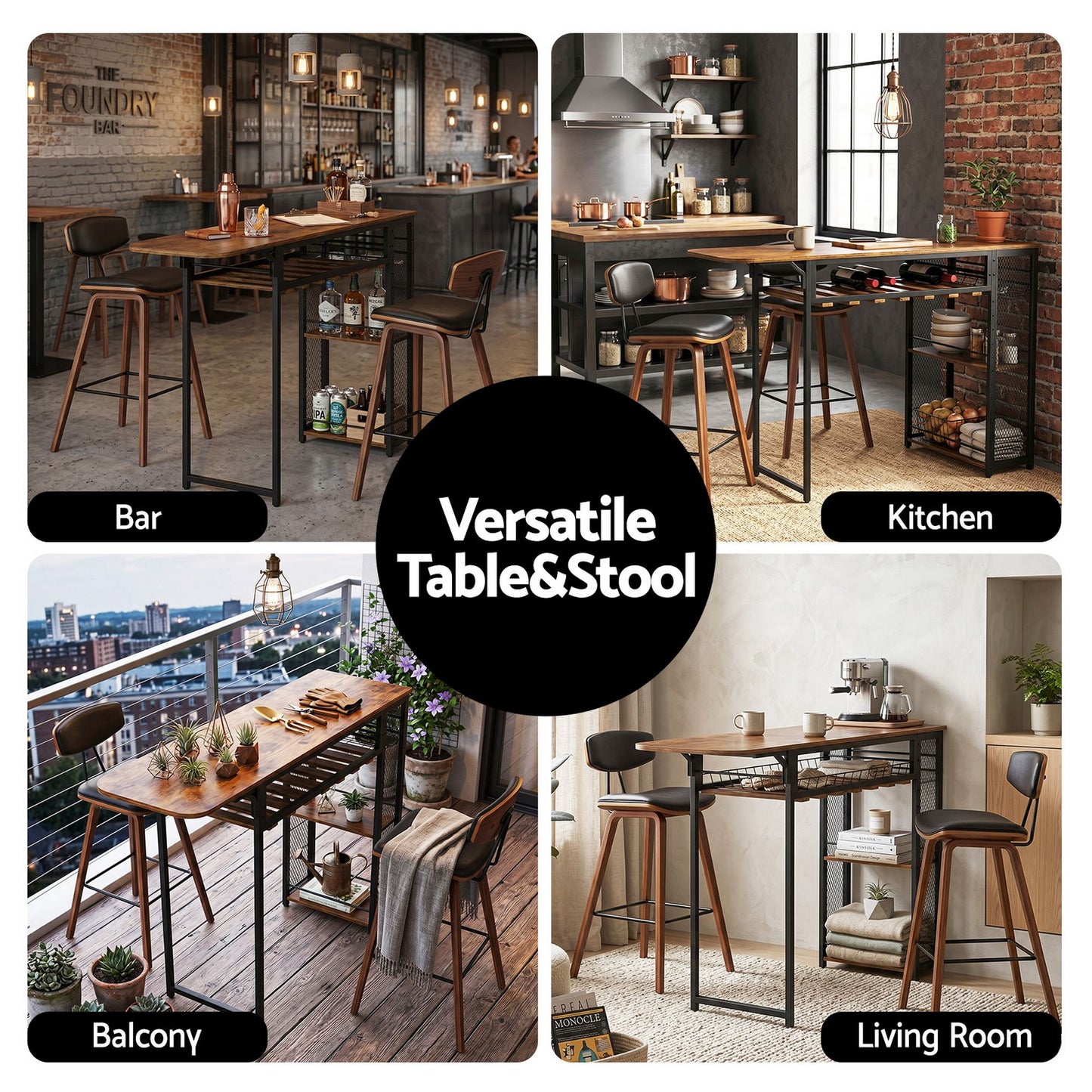 3-Piece Fosca Wood Bar Table and Stools Set Solid Wood Kitchen Chairs Cafe Pub