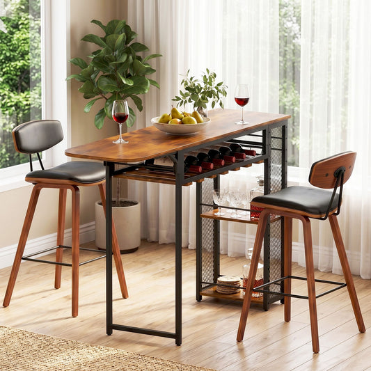 3-Piece Fosca Wood Bar Table and Stools Set Solid Wood Kitchen Chairs Cafe Pub
