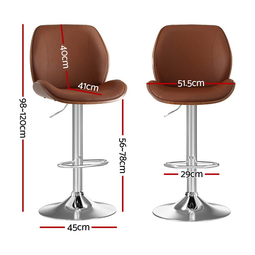 Set of 2 Sisian Bar Stools Bentwood Adjustable Kitchen Counter Chair Leather - Brown