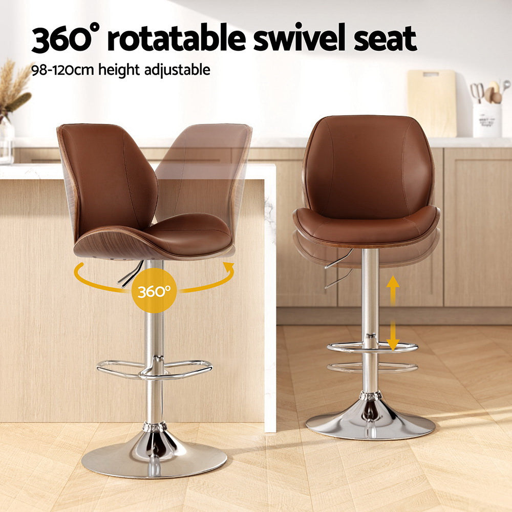 Set of 2 Sisian Bar Stools Bentwood Adjustable Kitchen Counter Chair Leather - Brown