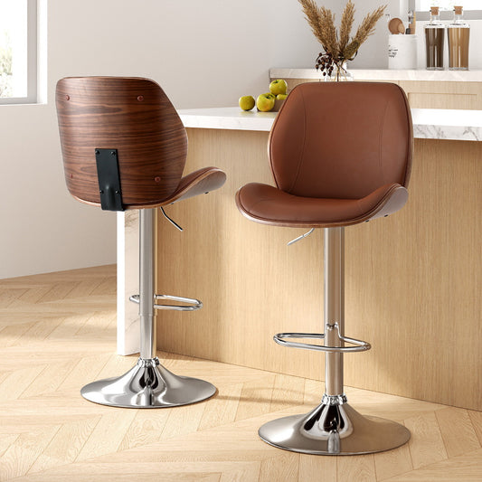 Set of 2 Sisian Bar Stools Bentwood Adjustable Kitchen Counter Chair Leather - Brown
