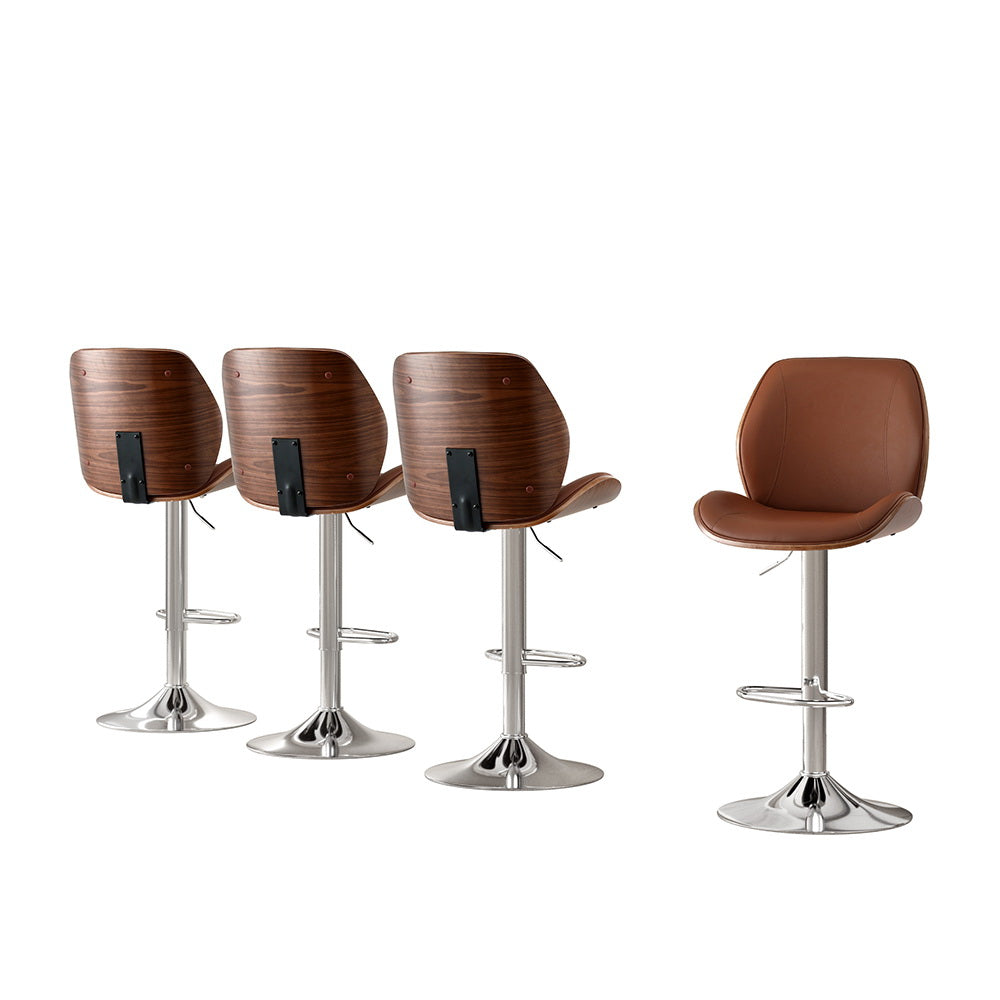 Set of 4 Sisian Bar Stools Bentwood Adjustable Kitchen Counter Chair Leather - Brown